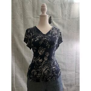 Liz Claiborne Petite Small PS Blue White Floral Blouse Stretch Button Front